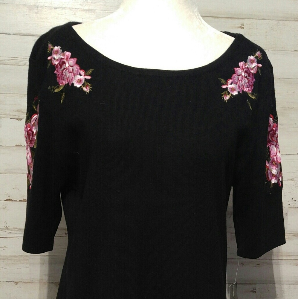 INC Intl Concepts Black Knit Dress with Floral Emb